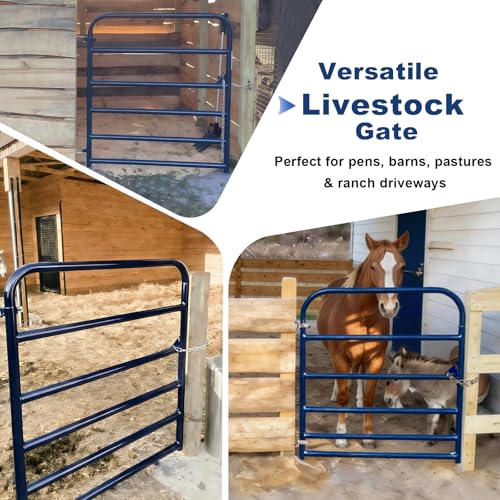 4 ft W x 50 in H Farm Gate, 6-Bar Steel Livestock Gate for Horse & Cattle | Heavy-duty horse gate and cattle gate with 6-bar steel tubing, chain latch and animal-safe spacing for farms and corrals.