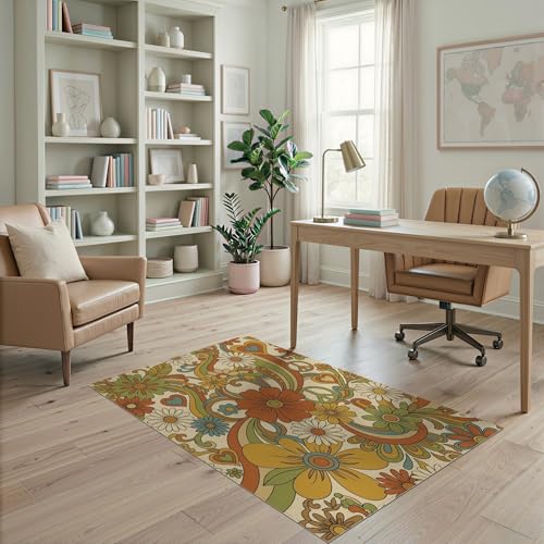 4'x6' Washable Groovy Daisy Accent Rug, Cream Non-Shedding Small Carpet Pet Friendly & Non-Slip for Playroom, Bedroom, Reading Nook | Ref:1969519 - color: Beige/Pattern 27, size: 4' x 6' (Rectangular)