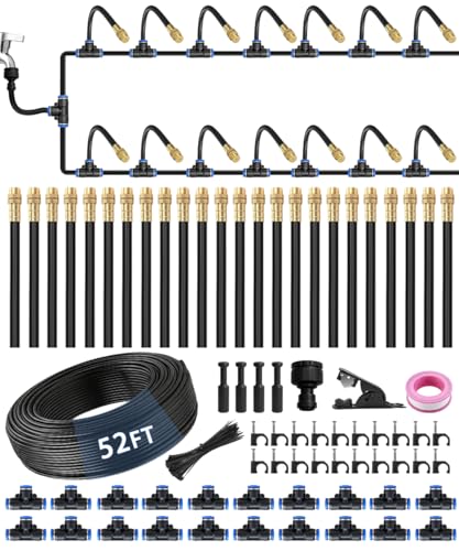 52FT 5/16" Misting Irrigation System for Garden with 20 Adjustable Nozzles | 360° Bendable Copper Nozzles, Quick Connect, Steady Flow, UV-Resistant PE Tubing & Accessories, Garden Beds& Greenhouse - size: 52 FT+20 Nozzles