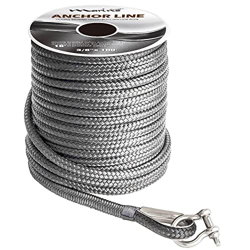 MARINE SYSTEM Made 3/8 Inch 100 FT 150 FT Black Grey Nylon Anchor Line Double Braided Anchor Rope/Line with Thimble (3/8" x 100' Grey Nylon) - color: 3/8"x100' Grey