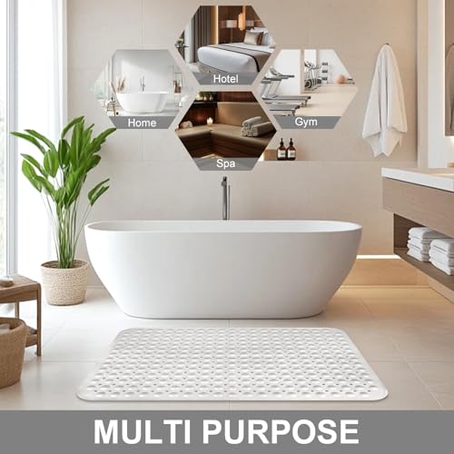 Shower Mat Non Slip, 36" x 24" Large Shower Floor Mat with Drain Holes and Suction Cups, Soft TPE Anti Slip Shower Stall Mats for Inside Shower, Machine Washable, White - color: White