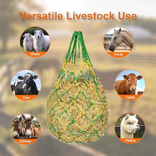 2PCS Slow Feed Hay Net for Horses, Heavy Duty Nylon Hanging Hay Bags, 40Inch Length with 2.36Inch Anti-Waste Hay Feeder for Goats Horses, Yellow Green