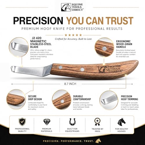 Right-Handed Farrier Hoof Knife, Curved J2 420 Magnetic Stainless Steel Blade, Ergonomic Wooden Handle, Horse Hoof Trimming Tool for Sole & Frog Paring
