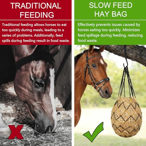 2 Pcs Slow Feed Hay Net for Horses, 34 Inch Hay Bags, Black | ﻿ For Horses/Sheep/Goat, Regulate Feeding Hanging Hay Nets for Horses Stable,Trailer,Stall Paddock (Black) - size: Black