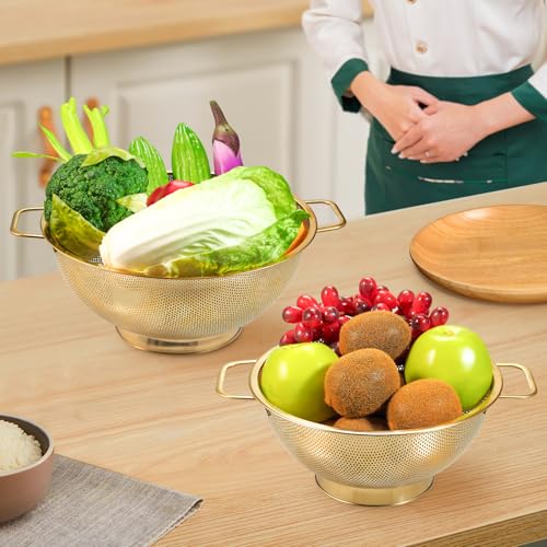 Gold Strainer for Kitchen, 3QT, Stainless Steel Colander with Handle for Fruits Vegetables Cooking Food, Dishwasher Safe - size: 3QT