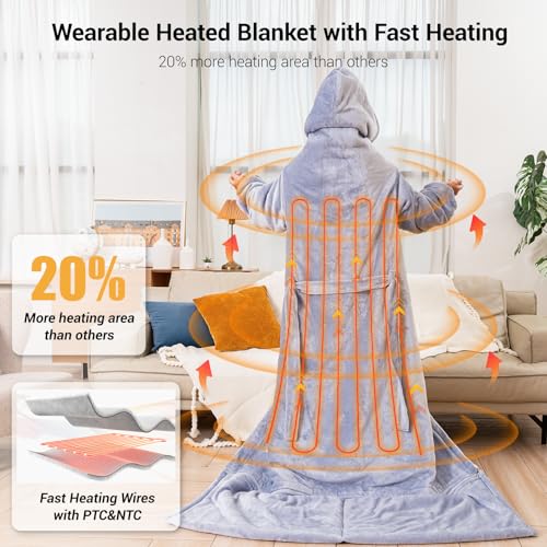 Electric Heated Blankets Hoodie for Women with Removable FootPocket,Wearable Heated Blanket Throw with Sleeves Heated Robe Flannel&Sherpa Heating Wrap Poncho Shawl with 9 Temp 50"x80" - color: Light Gray, size: 50"×80"
