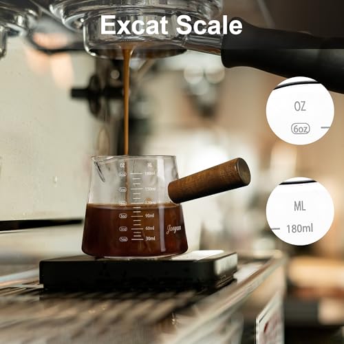 Joeyan 6 oz Glass Measuring Cup with Double Spouts,Borosilicate Espresso Shot Glasses with Wooden Handle,Claer Measuring Triple Milk Frothing Pitcher for Coffee Tea - color: 6 Oz Dual Spouts Measuring Cup