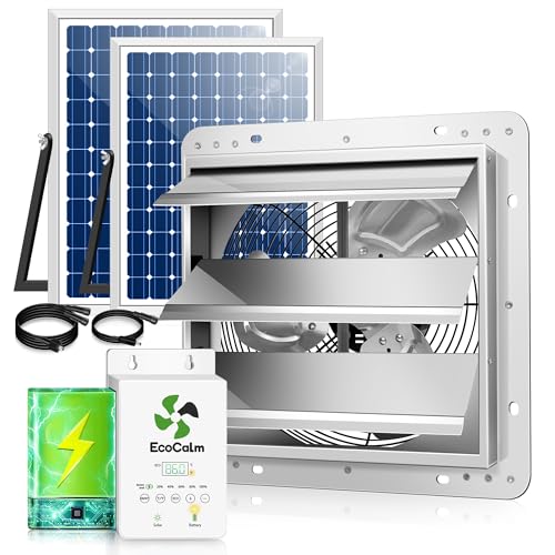 Solar Exhaust Fan 12“ for Greenhouse with Smart Thermostat, Battery | Solar Powered Attic Fans, 2PCS 30W Bifacial Panels, Wall Mount, Metal Build, Stable, for Outdoor, Garage, Shed, Chicken coop - size: 12 Inch