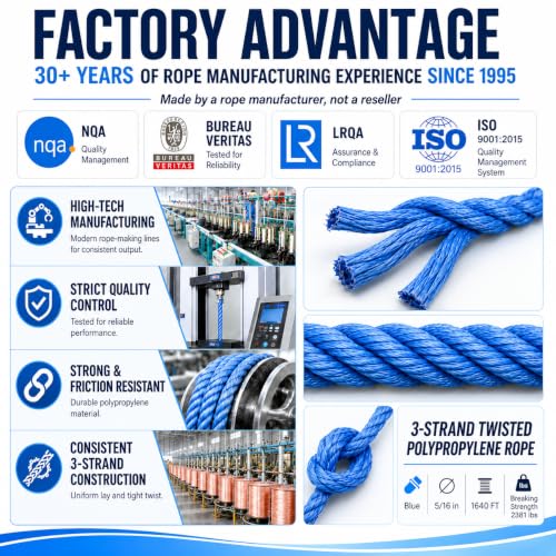Heavy Duty PP/Polyester/Nylon Rope on Spool, Blue, 5/16inX1640FT | Weather-Resistant & Waterproof for Pool, Marine, Boating, Camping, Household, Towing, Construction & Rigging Applications - color: Blue, size: 5/16in X 1640FT
