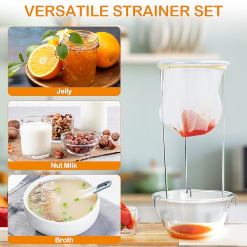 Jelly Strainer Stand with 4 Reusable Straining Bags, Stainless Steel Strainer Stand with Replacement Strainer Bags for Straining Juice Yogurt Cheese Broth Nut Milk