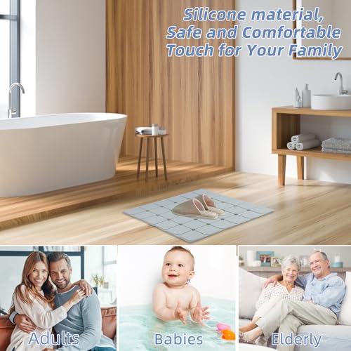 Shower Mat Non Slip 21"x21" Silicone Foldable Bath Mat with Suction Cups & Drain Holes, Odorless, Eco-Friendly & Durable, Machine Washable Shower Stall Mat for Adults, Seniors Grey - color: Grey