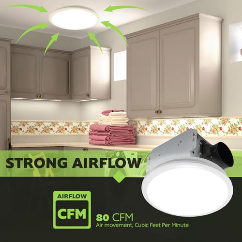 Homewerks 7141-80 Bathroom Fan Integrated LED Light Ceiling Mount Exhaust Ventilation 1.1 Sones 80 CFM, White - color: Round 80 CFM
