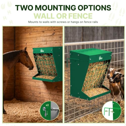 Wall Mount Hay Rack And Hay Feeder For Goats Sheep And Horses, Covered Galvanized Steel Goat Hay Feeder With Hinged Roof, 25 Gallon 2-In-1 No Waste Hanging Holder Grain Bin with hook For Cattle - color: Green