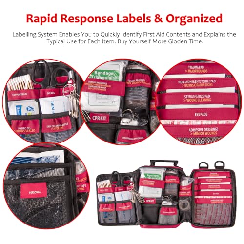 First Aid Kit with Rapid-Response Labeled Compartments, Compact Waterproof Emergency Kit with Molle Straps for Car, Camping, Home, Hiking, Travel