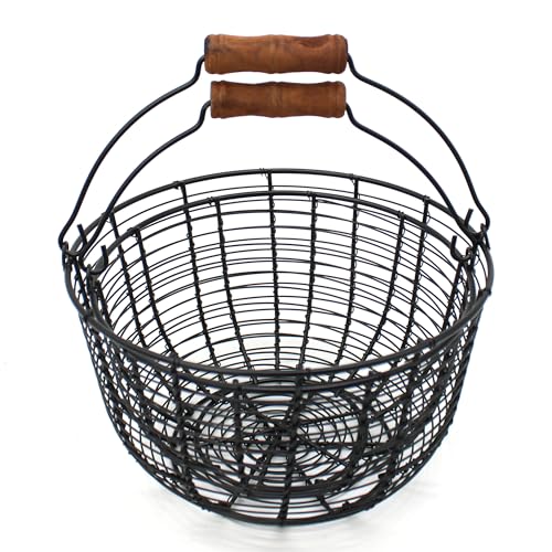 Metal Wire Egg Baskets Wire Fruit Baskets with Wooden Handle Country Vintage Style Storage Baskets. Matt Black, Set of 2. (Round)