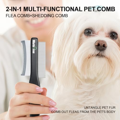 2-in-1 Dog Dematting&Deshedding Comb with Wooden Handle | Double-Sided Fine Tooth Metal Flea Comb for Dogs&Cats,Stainless Steel Deshedding Blade,Remove Loose Hair Tangles Dirt Fleas