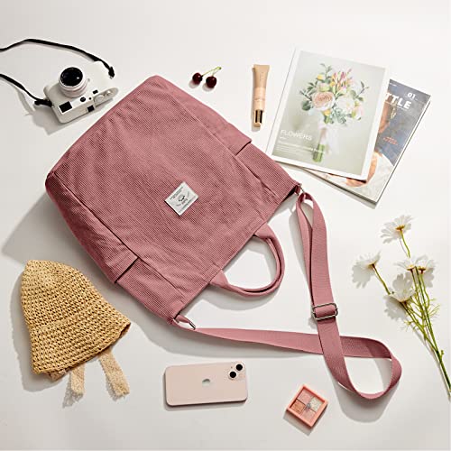 KALIDI Corduroy Tote Bag, Large Slouchy Hobo Messenger Crossbody Bag | Anti Splash Zipper Side Pockets Shoulder Bag Adjustable Strap Lightweight Casual Work Shopping Women - color: Pink