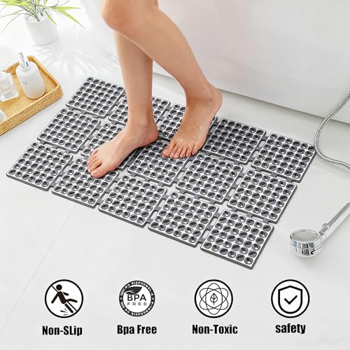 Non Slip Shower Mat for Bathtub with Strong Suction Cups | Quick-Dry Drain holes. Firm Yet Elastic Surface Massages Feet, Boosts flow. Sticks to wall to dry, folds, 26.2"x15.6" Gray - color: Gray, size: 26.2" x 15.6" (Rectangular)
