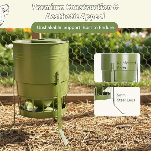 KOL Chicken Feeder No Waste for Coop & Outdoors, 16 Port 50lbs Poultry Feeder with Spill-Control Design, Rust-Proof Powder Coated Metal & Smooth Safe Edges (Avocado Green) - color: Avocado Green