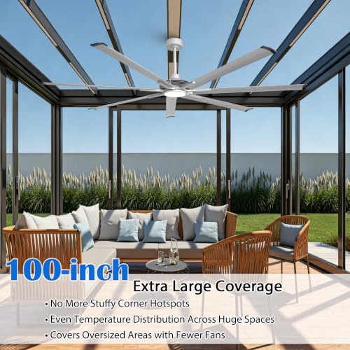 100" HVLS Ceiling Fan with Light/Remote, Large Rooms, Nickel | High-Volume Air Circulation Large Open-Space 24W 3CCT Dimmable LED Aluminum Blades Reversible High Ceiling - color: Sliver, size: 100-inch