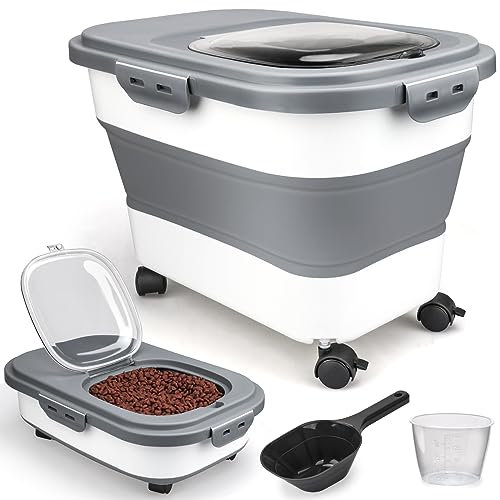 Viretec Dog Food Storage Container, 10-20Lbs Collapsible Pet Food Storage Containers with Rolling Wheel Airtight Locking Lid, Dry Food Storage Bin with Cup and Scoop,Suitable for Pet Food, Rice, Flour - color: White