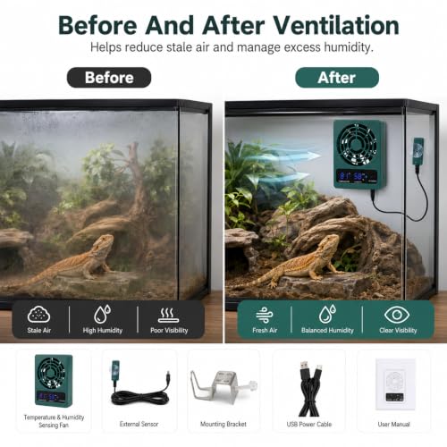 Reptile Ventilation Fan, Auto Temperature/Thermometer Control LED Digital Humidity Gauge, °C/°F Switchable Dehumidifier for Reptile Tank, Rainforest, Ecological Pet Rearing Box - size: Dual Function