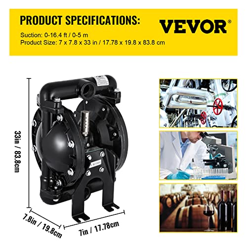 VEVOR Air-Operated Double Diaphragm Pump 1 inch Inlet Outlet Aluminum 35 GPM Max 120PSI for Industrial Use, QBY4-25LF46-1inch-35 | for Diesel Grease Oil, 229.6 ft Max Head Lift, 1 Inch Inlet & Outlet, Aluminum Alloy Body, Sealed Ball Valve, Industrial Use
