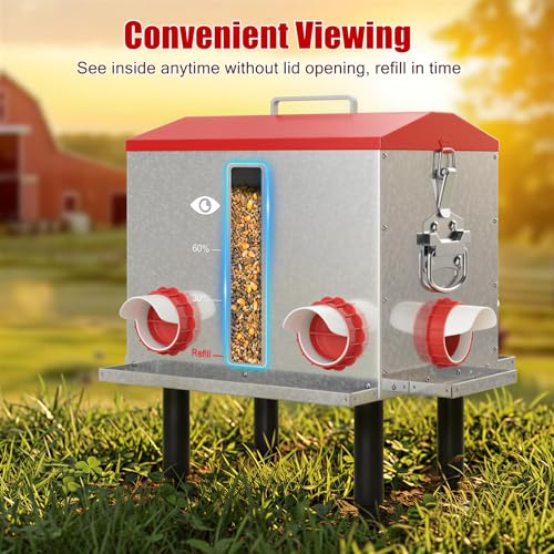Pawaboo 55LBS Large Capacity Automatic Chicken Feeder | 2026 Upgraded No Waste Poultry Feeder, 7 Feeding Ports, Viewable Feed Level Window - color: Red + Silver