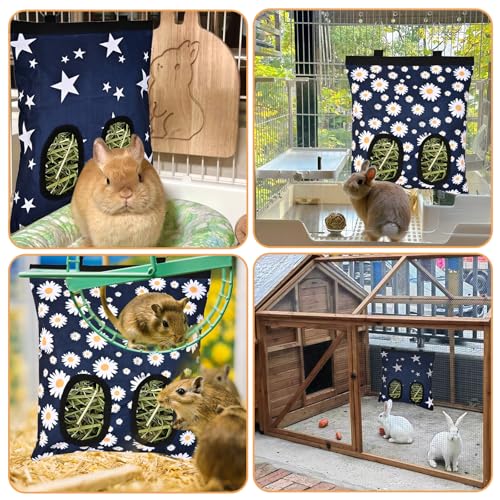 Upgraded Rabbits Hay Feeder Bag for Bunny, Guinea Pigs, Chinchillas - Hanging Washable 2-Hole Hay Dispenser with 600D Oxford Fabric, Small Animal Cage Accessories (Blue Daisy) - color: Blue Daisy