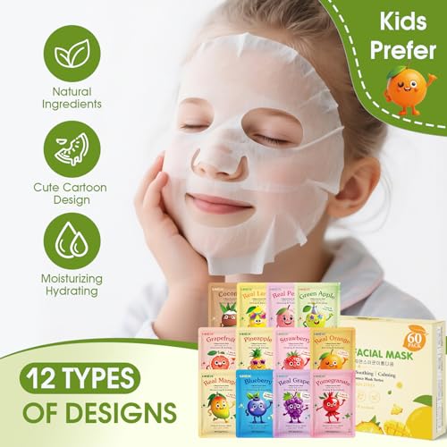 60 Pack Fruit Theme Face Mask for Kids, Bulk Birthday Gifts for Girls | Sheet Hydrating Face Masks Skincare for Teens Women, Skin Care for Kids, Spa Party Supplies