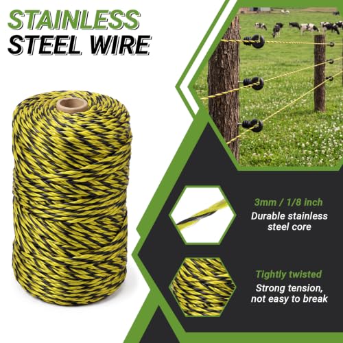 Tudomro 102 Electric Fence Wire Kit 100 Electric Fence Insulators 1 Roll of 3mm 656ft Stainless Steel Polywire 1 Insulator Socket Tool for Reliable Conductivity & Rust Resistance