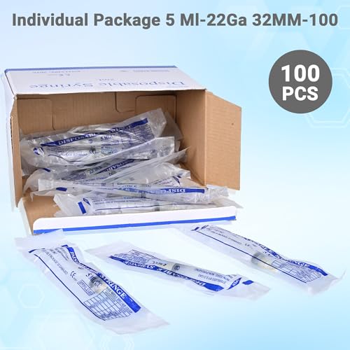 100 Pack 5ml 22Ga 1.25 Inch Industrial Syringes, Plastic Disposable Syringe for Scientific Labs, Liquids Refilling and Measuring - style: 5ml-22G 1.25"