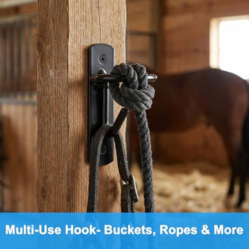 6 Pack Heavy Duty Bucket Hooks for Horse Stalls Anti-Tip Metal Bucket Holder for Horse Feed and Water Stable Barn Fence Accessories with Screws, Black