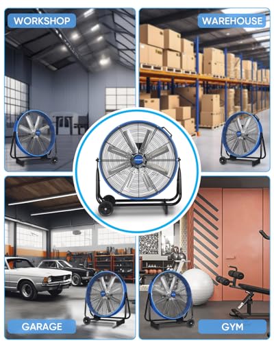 KEN BROWN 24 Inch Industrial Drum Fan, High Velocity Floor Shop Fan, Heavy Duty, 9500 CFM, 8 Blades, 3 Speeds, 360 Degree Tilt, Ideal for Industrial, Commercial, Gym, Garage Use, Blue - size: 24 inch