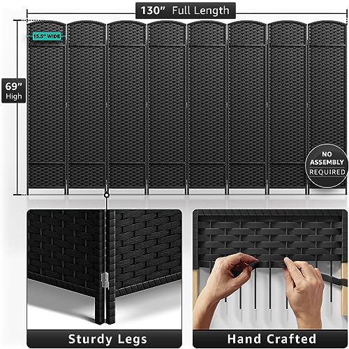 Sorbus 8-Panel Black Room Divider with Double Hinged Panels, 6 ft Tall Folding Privacy Screen - color: Black, size: 8 Panel