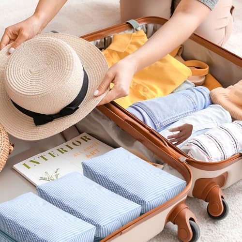 Sanwuta 20 Pcs Seersucker Cosmetic Bags Bulk, Striped Zippered,Light Blue | Makeup Bags Women Pouch, Large Preppy Storage Toiletry Travel Pouch for Wedding Bridesmaid Bride Favor Back to Teacher Gift - color: Light Blue