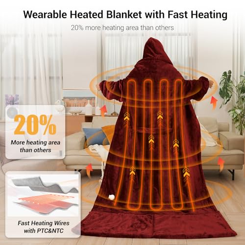 Wearable Heated Blanket Electric with Removable FootPocket,Snuggle Heated Blankets Hoodie with Sleeves Heated Robes for Women Flannel&Sherpa Heating Throw Blanket Shawl with 9 Temp for Winter 50"x80" - color: Burgundy, size: 50"×80"