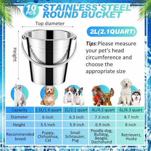 Hicarer 10 Pack 2.1 Quart Stainless Steel Dog Water Buckets, Metal Pails | For Dogs Birds Cats & Livestock, Pets, Kennels, Fences, Gardening, Camping, Handle Design, Heavy Duty, Durable, Easy Clean - size: 2.1 Quart