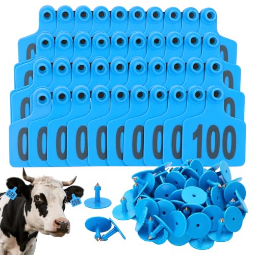 Cattle Ear Tags 001-100 Numbered Large Plastic Livestock Ear Tag,Blue | L3'' x W 2.5'' For Sheep Calf Goat Pig,Animal Id Tags For Ranch & Farm Herd Tracking, Laser Print Clear Numbers,Copper Head - color: Blue, size: 001-100