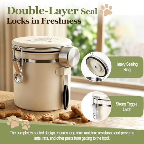 Dog Treat Container Airtight, 1.3 Qt 304 Stainless Steel Dog Treat Jar & Pet Treat Canister with Scoop, Date Dial, Locking Clamp, Silicone Seal for Dog Biscuits, Cookies, Training Snacks - size: 1.3 Qt