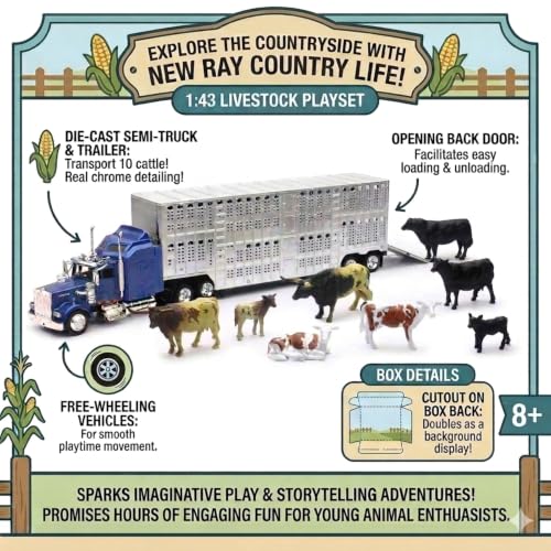New Ray Country Life 1:43 Livestock Playset – Die-Cast Semi Truck & Trailer with 10 Cattle, Free-Wheeling Farm Vehicles, Opening Rear Door, Ages 8+, Rural Imaginative Play Set