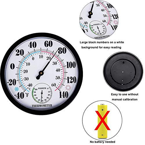 Indoor Outdoor Thermometer Hygrometer - Waterproof Hanging Wall Thermometer Decorative Outdoor Thermometer Large Numbers, No Battery Needed Outdoor Thermometers for Patio - color: Black 10", size: 10 Inch