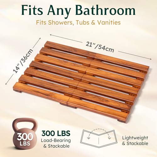21x14 Teak Shower Mat, Non-Slip Solid Wood Bath Duckboard | Fast-Drying Spa-Style Wooden Slat, Heavy Duty Floor Panel for Bathroom, Indoor & Outdoor Use - size: 21" x 14" (Rectangular)
