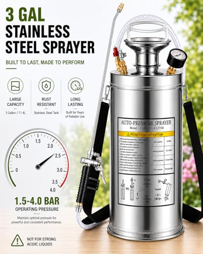 Stainless Steel Sprayer 3 Gallon - Steel Hand-Pump Sprayer, with 3.3-inch Reinforced Hose - Garden Sprayer for Home, Gardening, Ground Cleaning(3Gallon) - style: 3 Gal