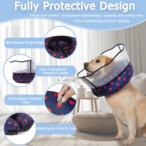 Inflatable Dog Cone Collar with Enhanced Anti-Licking Shield – Soft Adjustable Recovery Collar for Dogs & Cats After Surgery – Fits Large, Medium, Small Pets (Blue Love, Small) - color: Love, size: Small