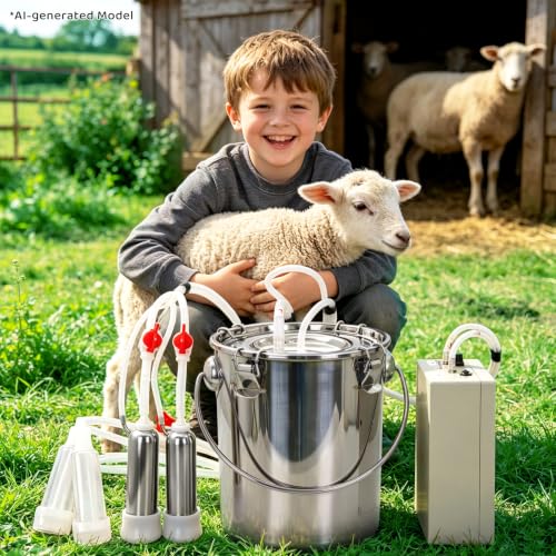 2-in-1 Goat and Cow Milking Machine, 3.7Gal Stainless Steel Bucket with 5200mAh Built-in Rechargeable Battery, Cordless Electric Vacuum Pulsator, 4 Teat Cups, Portable Electric Milking Machine (7L)
