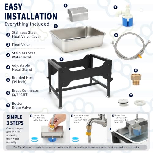 BWOGUE 3 Gal Automatic Dog Water Dispenser, Elevated Outdoor Bowl for Dogs | Automatic Water Dispenser for Dogs, Stainless Steel Pet Waterer, 9/11/13/15 in Stand, Float Valve, Big Dogs Pets Livestock