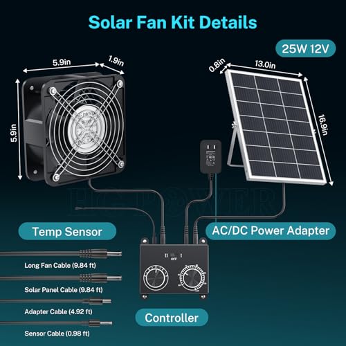 HG Power 25W Solar Fan for Chicken Coop with Thermostat, Adapter, Metal Solar Exhaust Fan 600 CFM with Speed Settings, 2 Power Auto-Switch for Chicken Coops, Doghouse Small Greenhouses, Shed