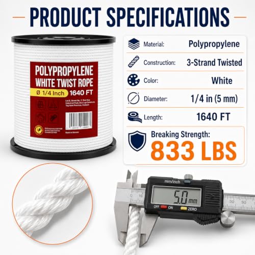Heavy Duty PP/Polyester/Nylon Rope on Spool, White, 1/4inX1640FT | Weather-Resistant & Waterproof, For Pool, Marine, Camping, Household Use, Construction & Rigging Applications - color: White, size: 1/4in X 1640FT