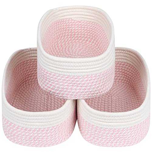CubesLand Rectangle Woven Cotton Rope Storage Basket for Organizing | Small Basket for Kids, Baby Nursery, Cat Dog Toy Baskets, Organizer Bins for Shelves 3 Packs - color: Off White/Mixed Pink, size: 3pcs-small basket